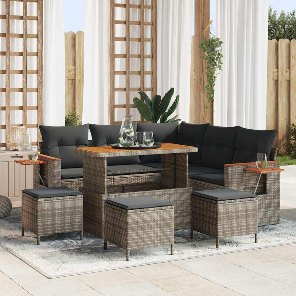 9 dalių Sodo Sofa Rinkinys su Pagalvėmis Pilka Poli Ratanas Akacijos