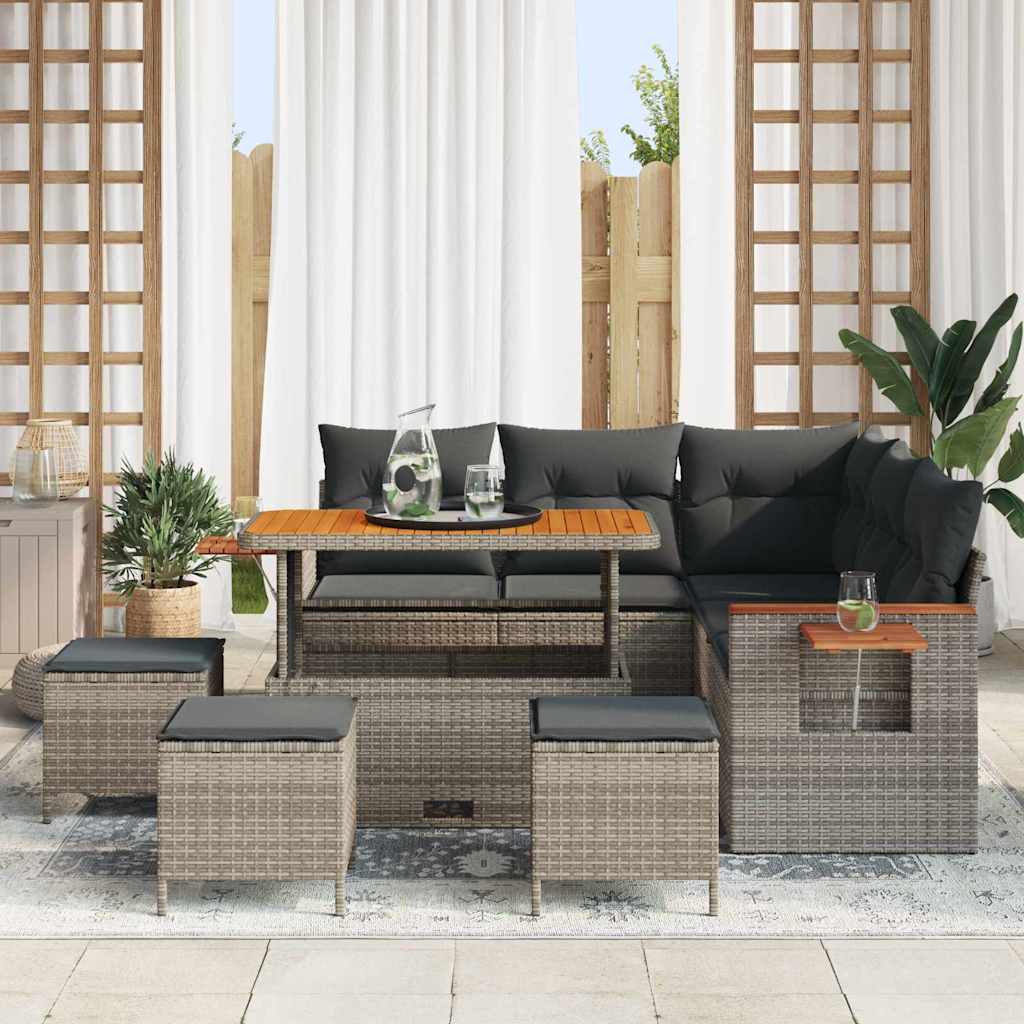 9 dalių Sodo Sofa Rinkinys su Pagalvėmis Pilka Poli Ratanas Akacijos