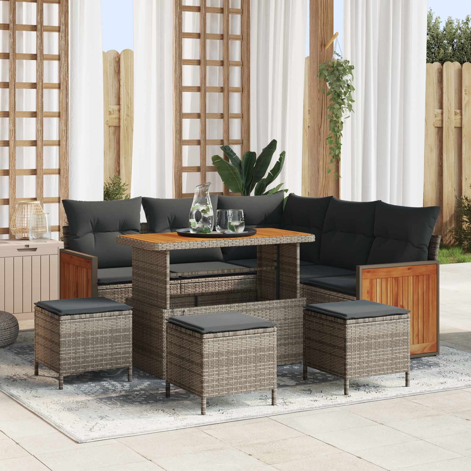 9-Piece Garden Sofa Set with Cushions Grey Poly Rattan Acacia