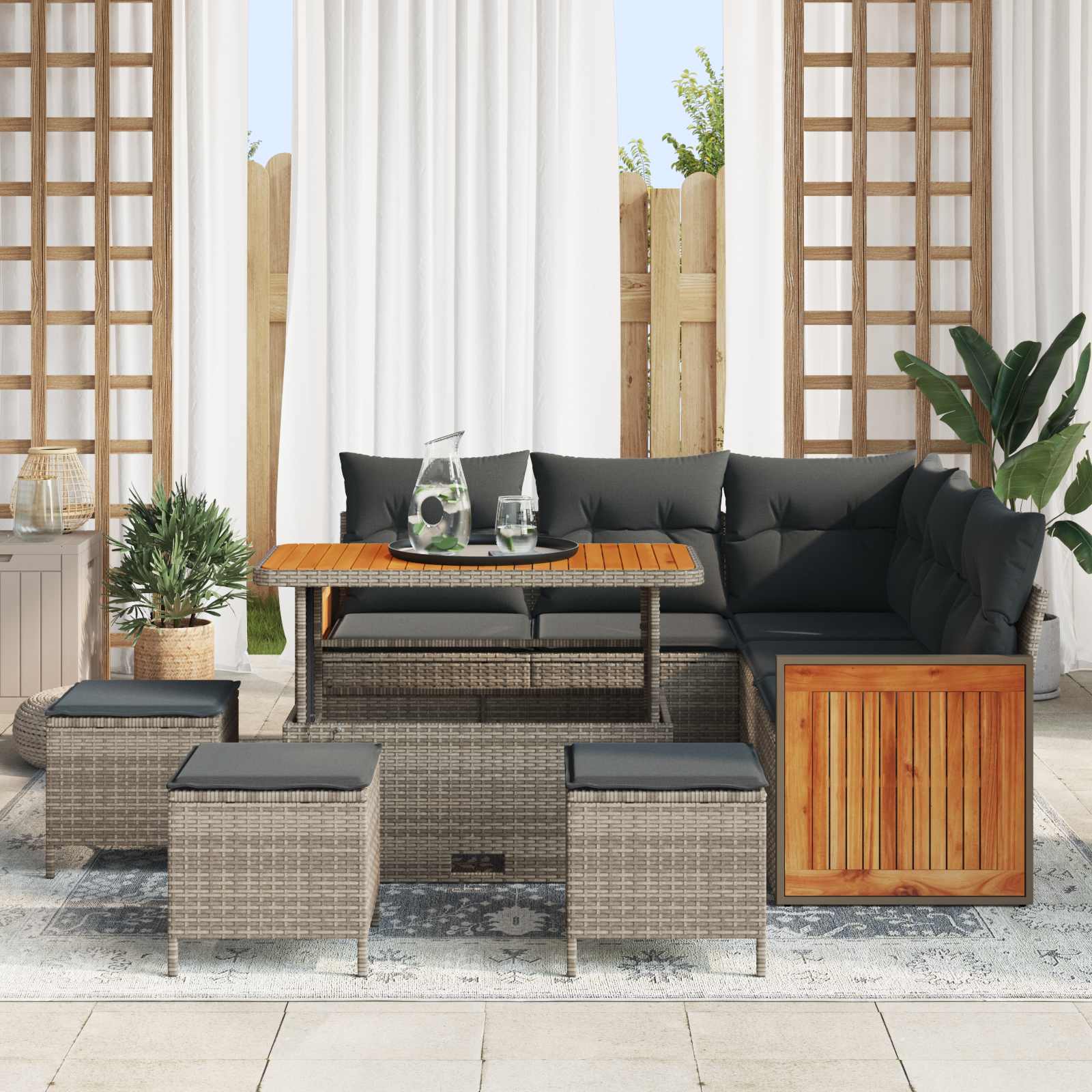 9-Piece Garden Sofa Set with Cushions Grey Poly Rattan Acacia