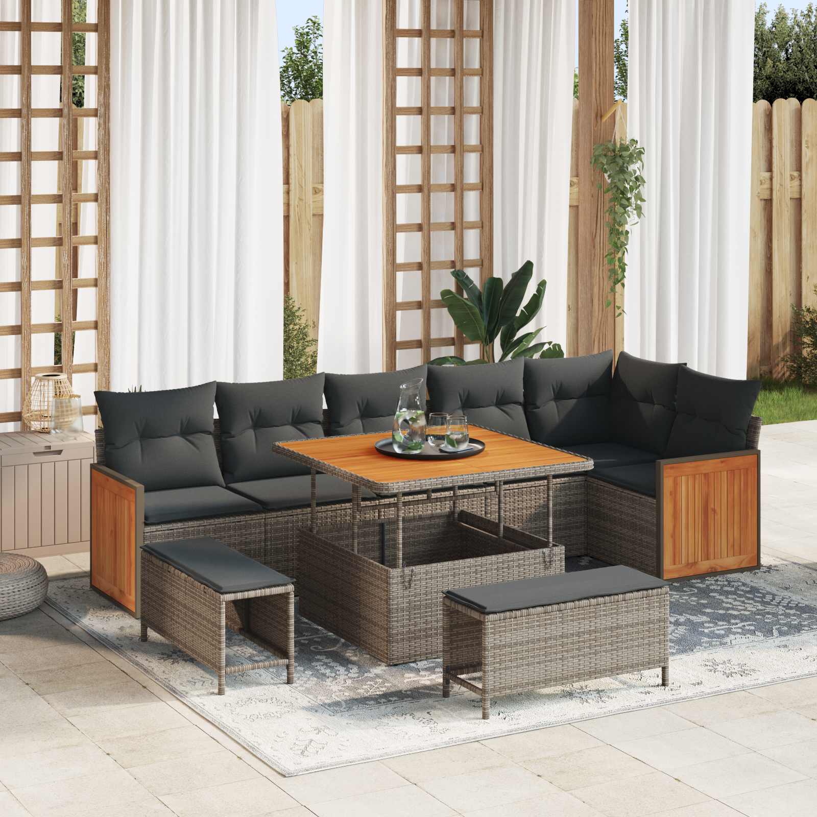9-piece garden sofa set with cushions grey poly rattan acacia