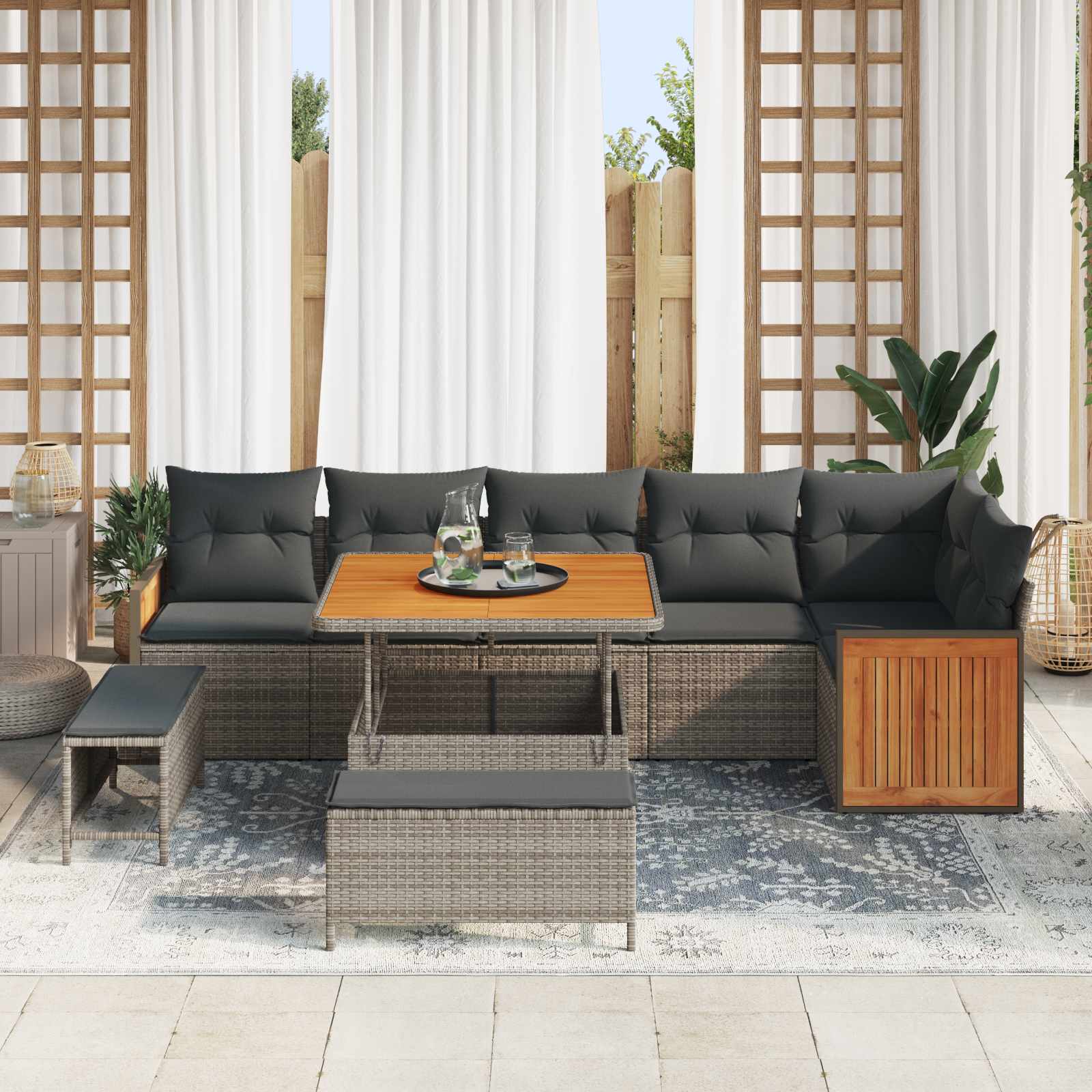 9-piece garden sofa set with cushions grey poly rattan acacia