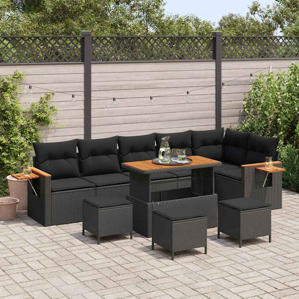 10 dalių sodo sofa su pagalvėmis Juoda Poli ratanas Akacija