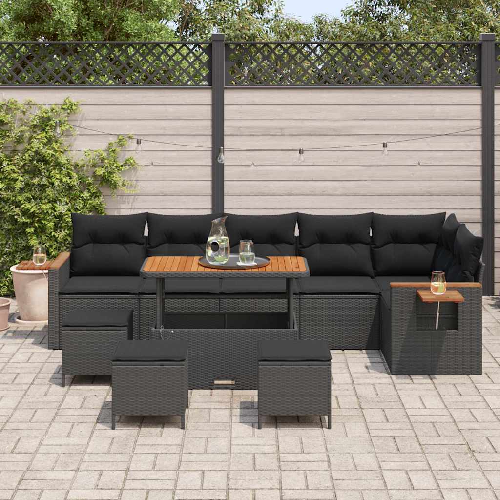10 dalių sodo sofa su pagalvėmis Juoda Poli ratanas Akacija