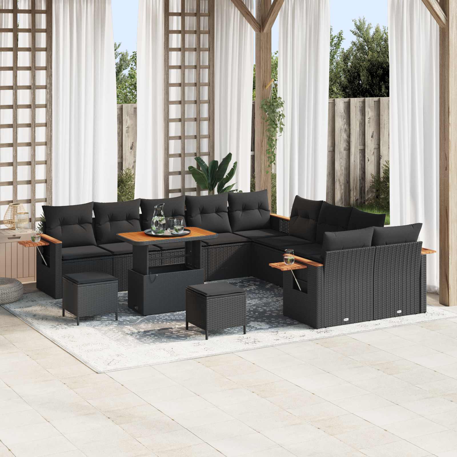 13 dalių sodo sofa komplektas su pagalvėlėmis Juoda Poli ratanas Akacija