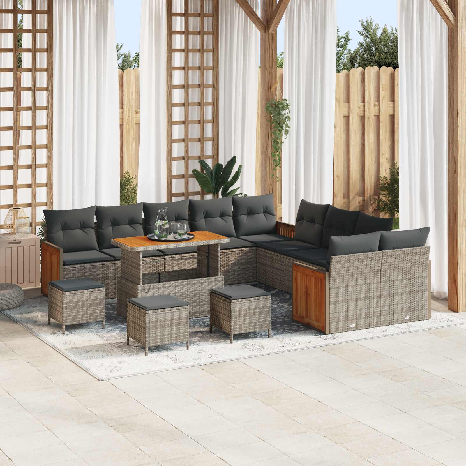 14-piece garden sofa set with cushions grey poly rattan acacia