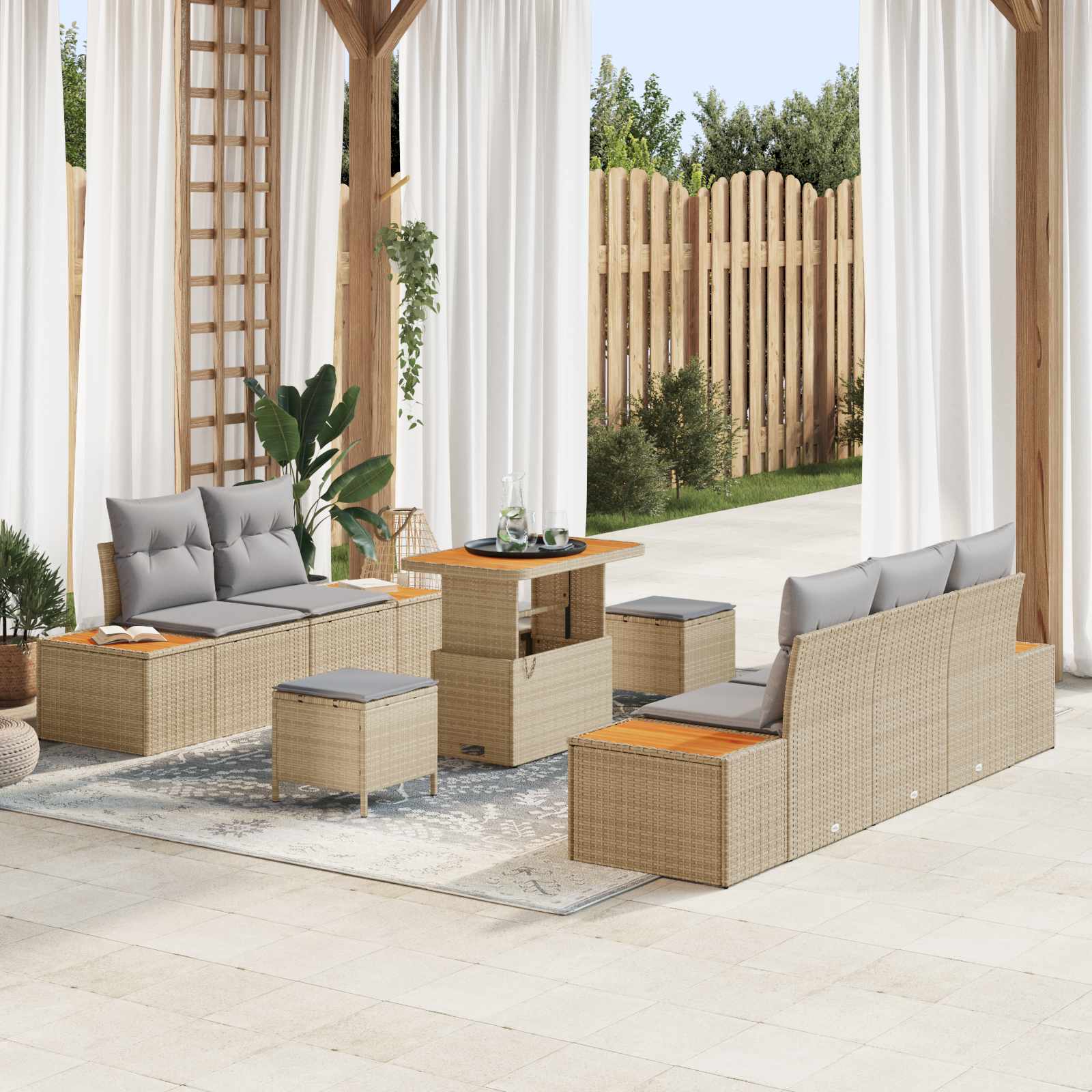 8-piece Garden Sofa Set with Cushions, Sand, Poly Rattan, Acacia