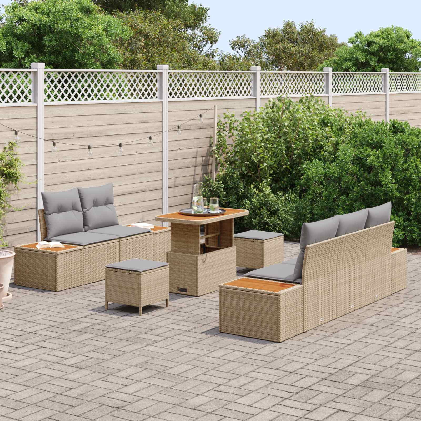 8-piece Garden Sofa Set with Cushions, Sand, Poly Rattan, Acacia