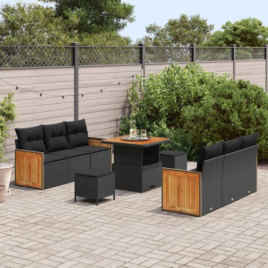 9 dalių sodo sofa rinkinys su pagalvėlėmis Juoda Poli Ratanas Akacija