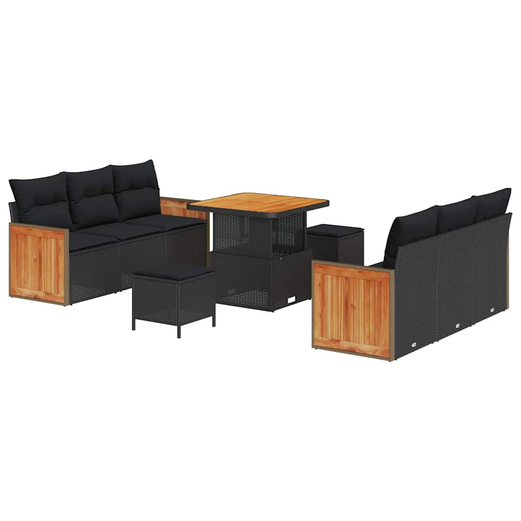9 dalių sodo sofa rinkinys su pagalvėlėmis Juoda Poli Ratanas Akacija