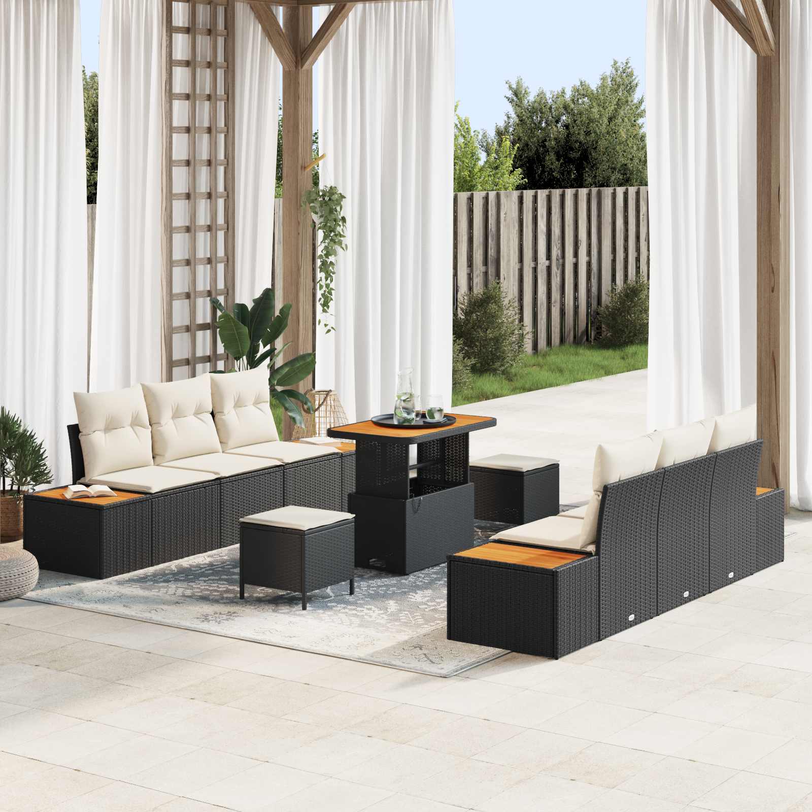 9 dalių sodo sofa rinkinys su pagalvėmis Juodas Poli Ratanas Akacija