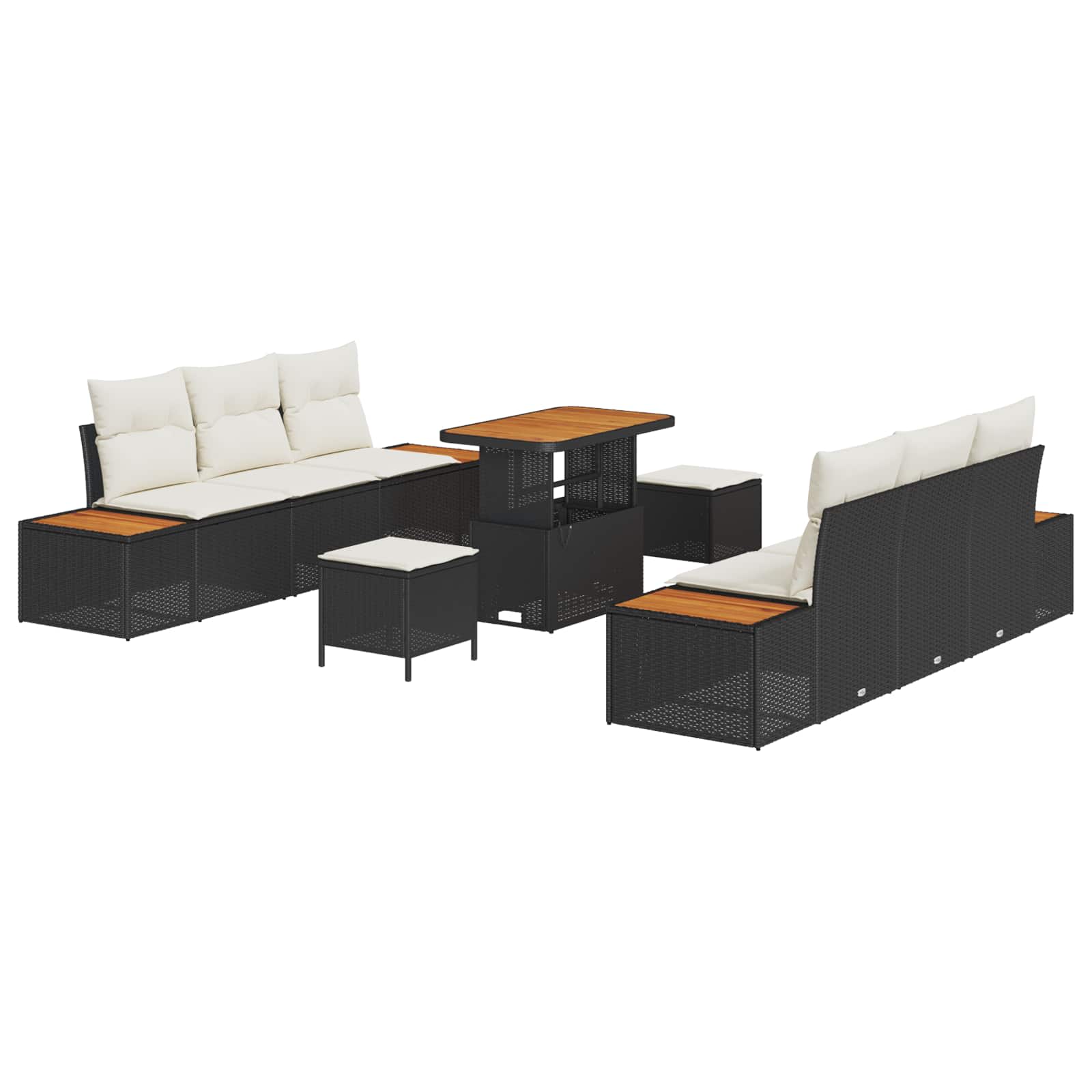 9 dalių sodo sofa rinkinys su pagalvėmis Juodas Poli Ratanas Akacija