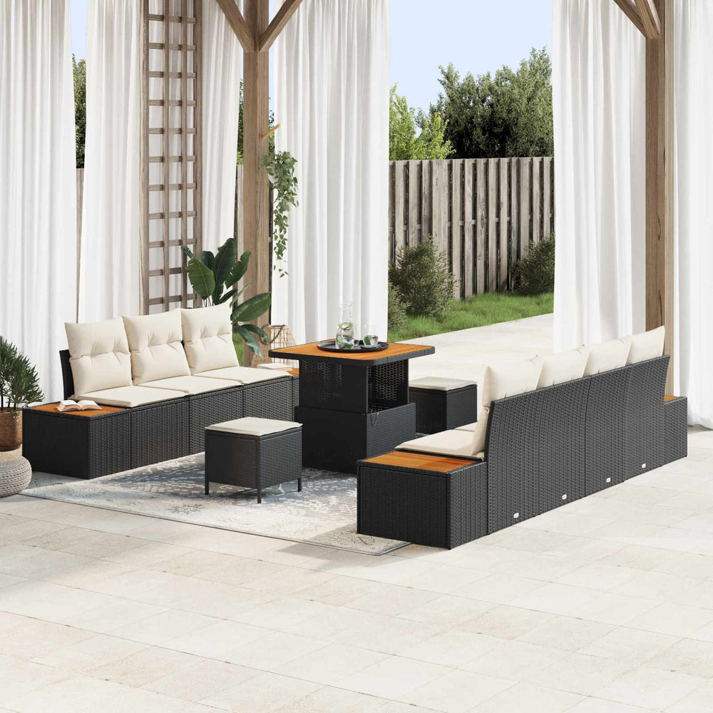 10 dalių sodo sofa komplektas su pagalvėmis juodas poli ratanas akacija