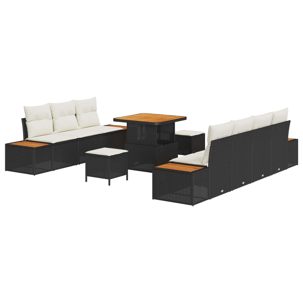 10 dalių sodo sofa komplektas su pagalvėmis juodas poli ratanas akacija