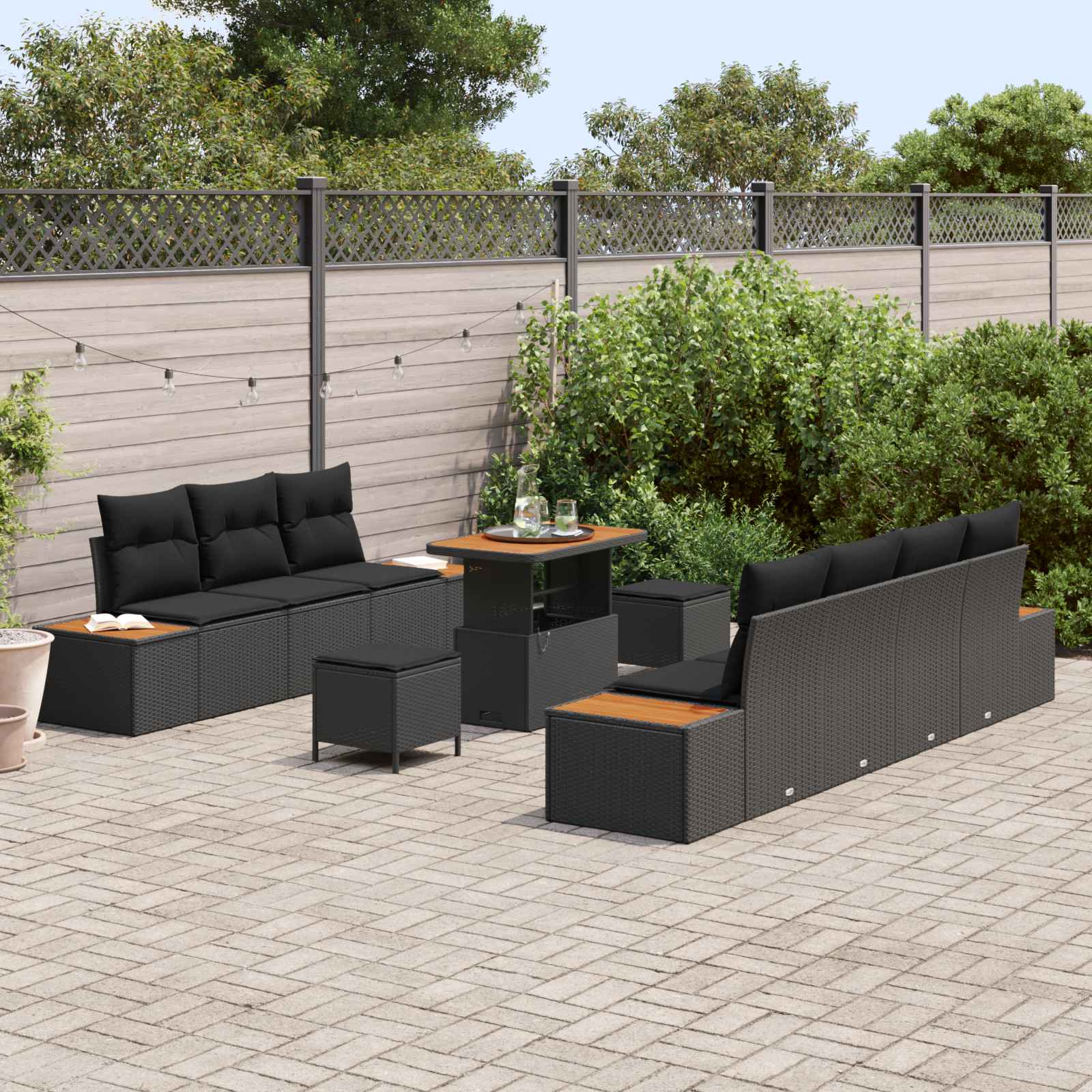 Sodo Sofų Rinkinys su pagalve 10 pcs Juoda