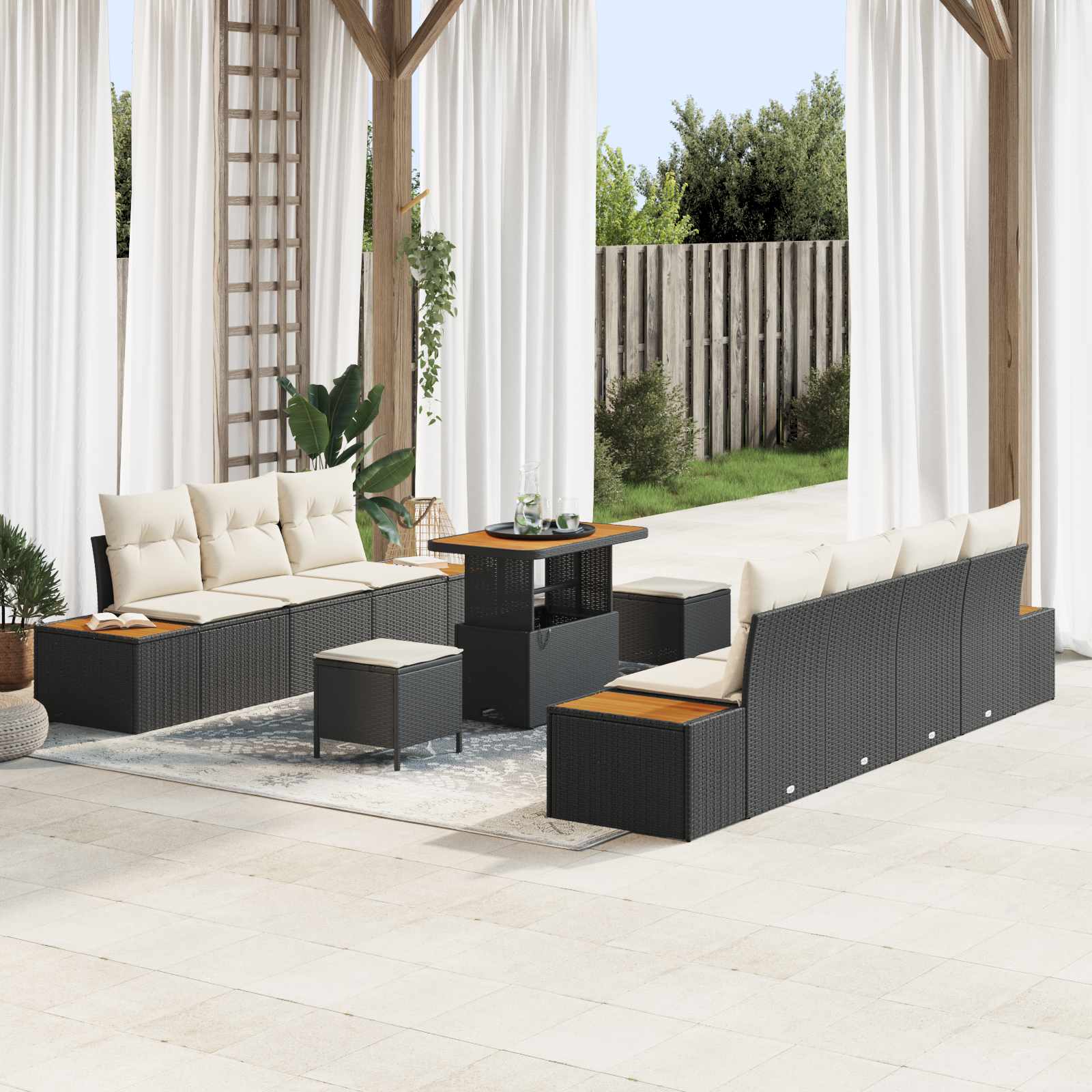 10 dalių sodo sofa komplektas su pagalvėmis juodas poli ratanas akacija