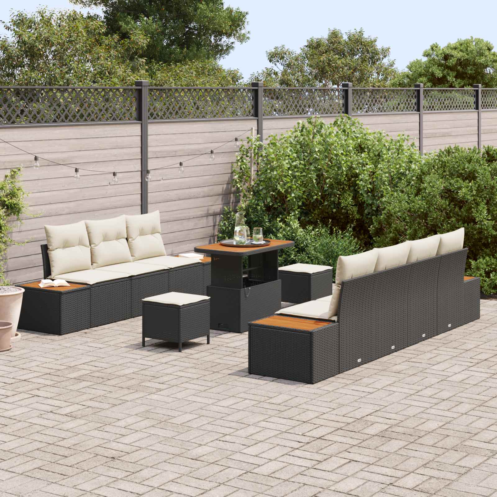 10 dalių sodo sofa komplektas su pagalvėmis juodas poli ratanas akacija