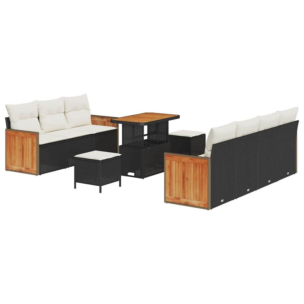 10 dalių sodo sofa komplektas su pagalvėmis juodas poli ratanas akacija