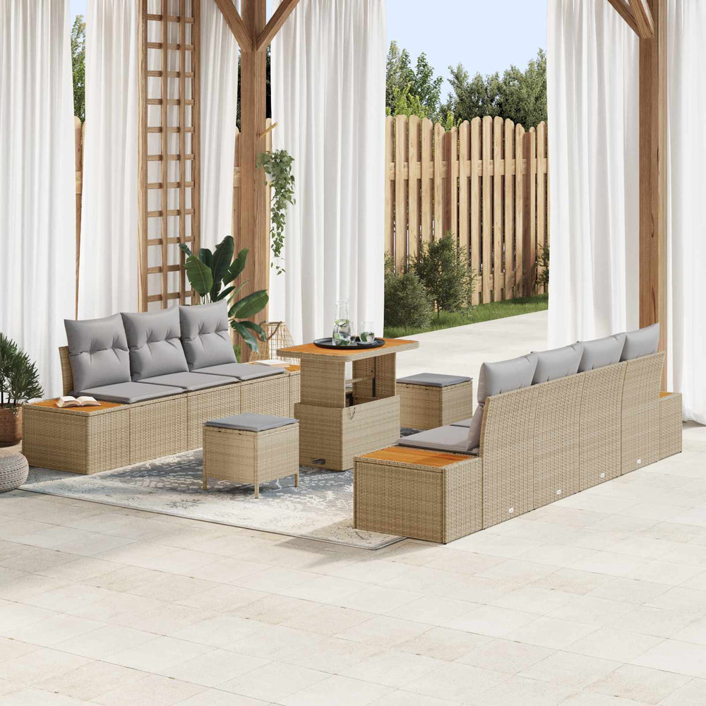 10-piece garden sofa set with cushions sand poly rattan acacia
