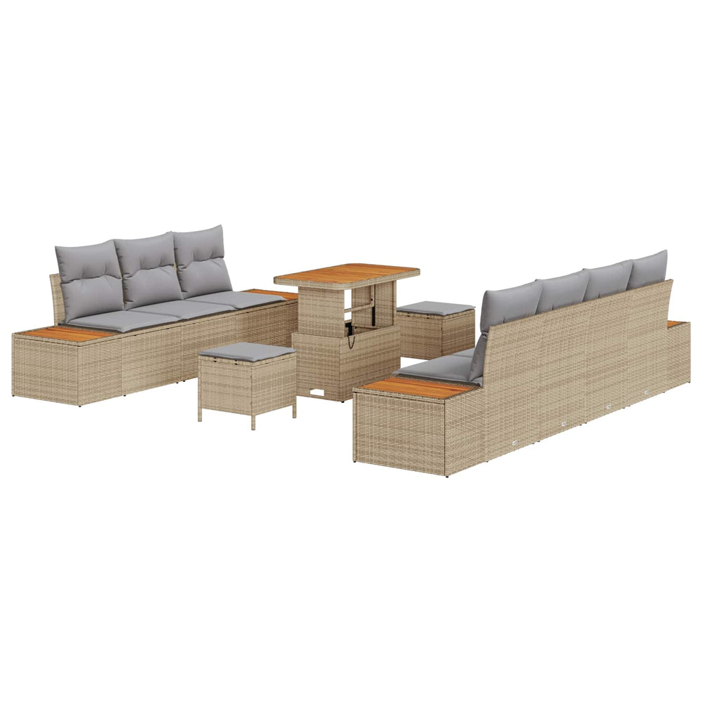 10-piece garden sofa set with cushions sand poly rattan acacia