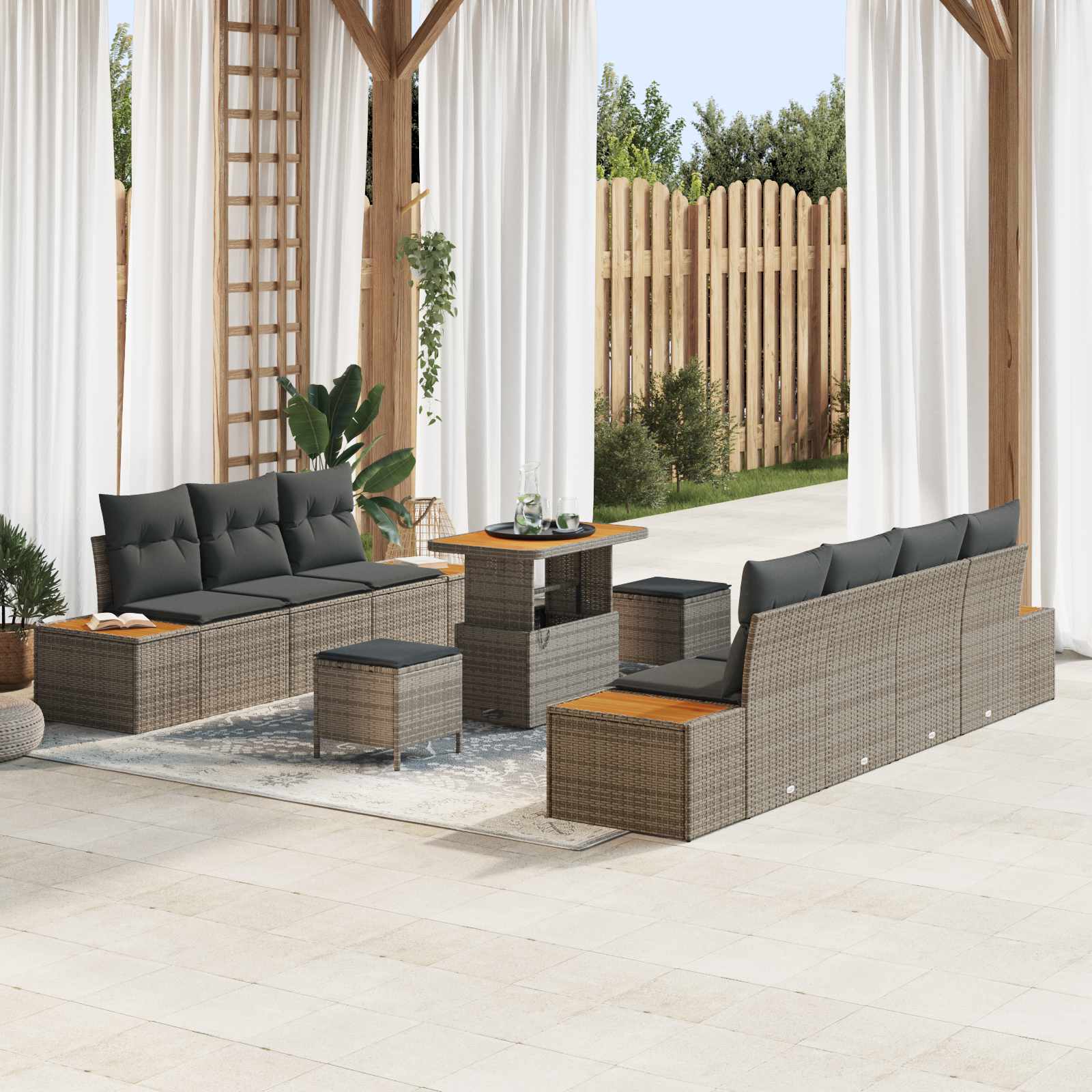 10 dalių sodo sofa rinkinys su pagalvėmis, pilkas poli ratanas, akacija