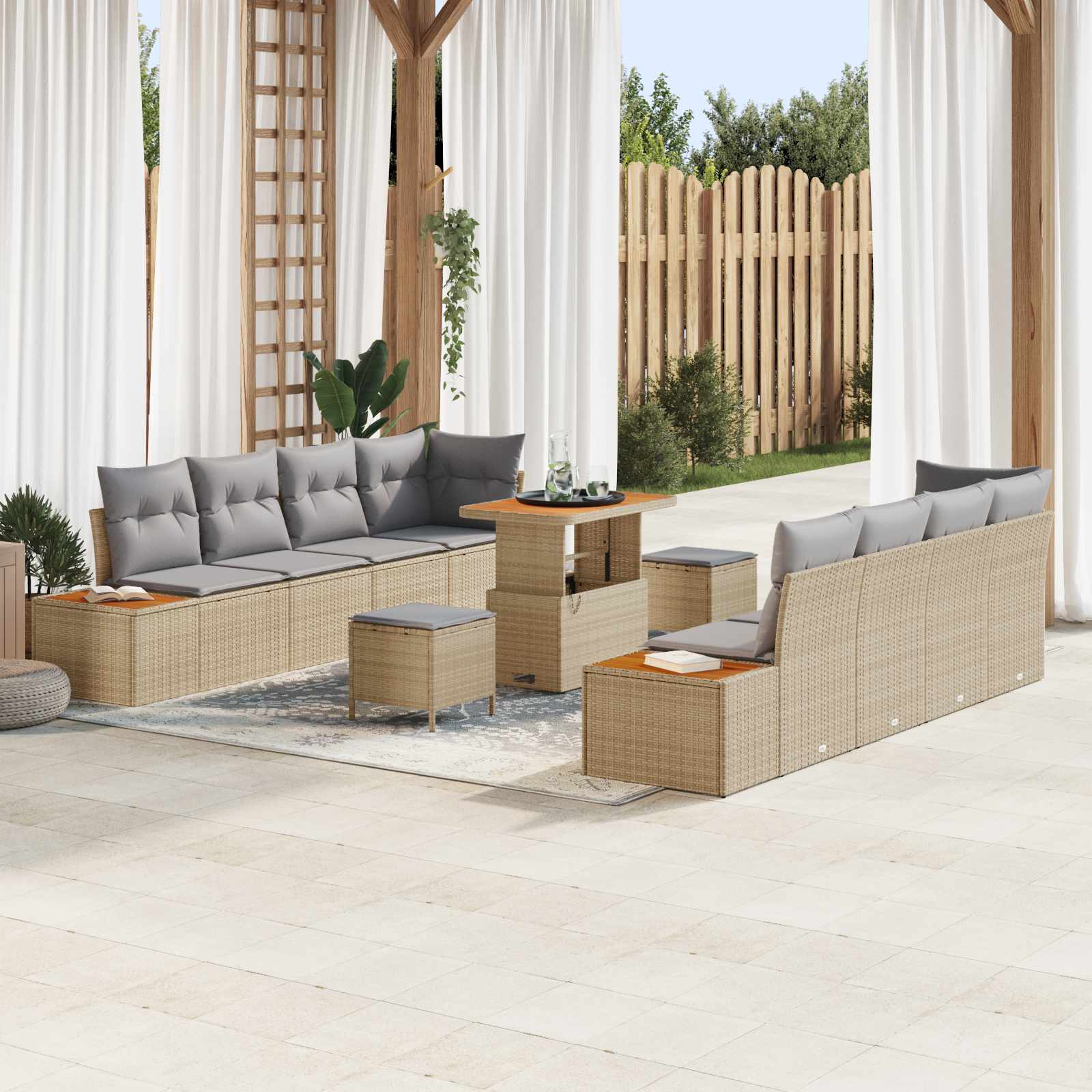 11 dalių sodo sofa komplektas su pagalvėlėmis smėlio spalvos poli ratanas akacija