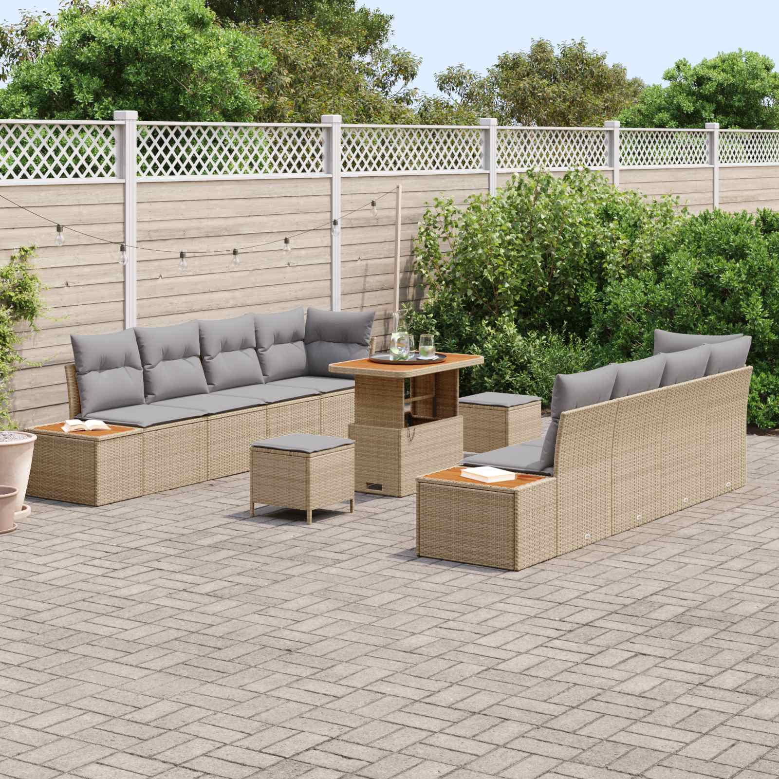 11 dalių sodo sofa komplektas su pagalvėlėmis smėlio spalvos poli ratanas akacija