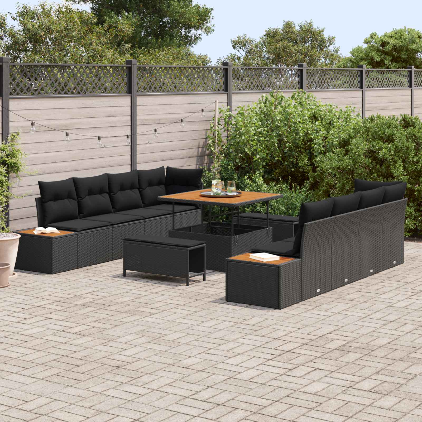 Sodo Sofų Rinkinys su pagalve 11 pcs Juoda