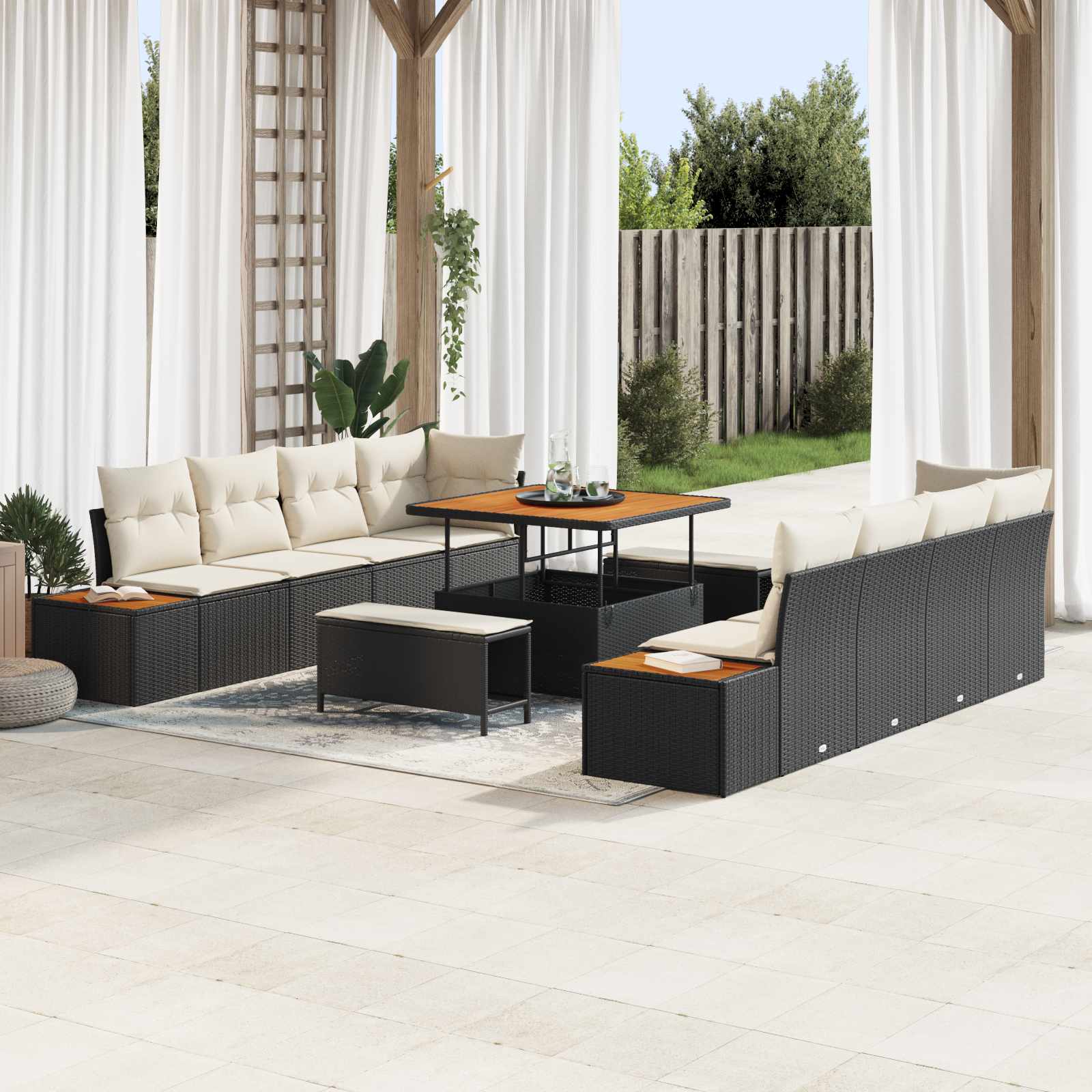 11-Piece Garden Sofa Set with Cushions Black Poly Rattan Acacia
