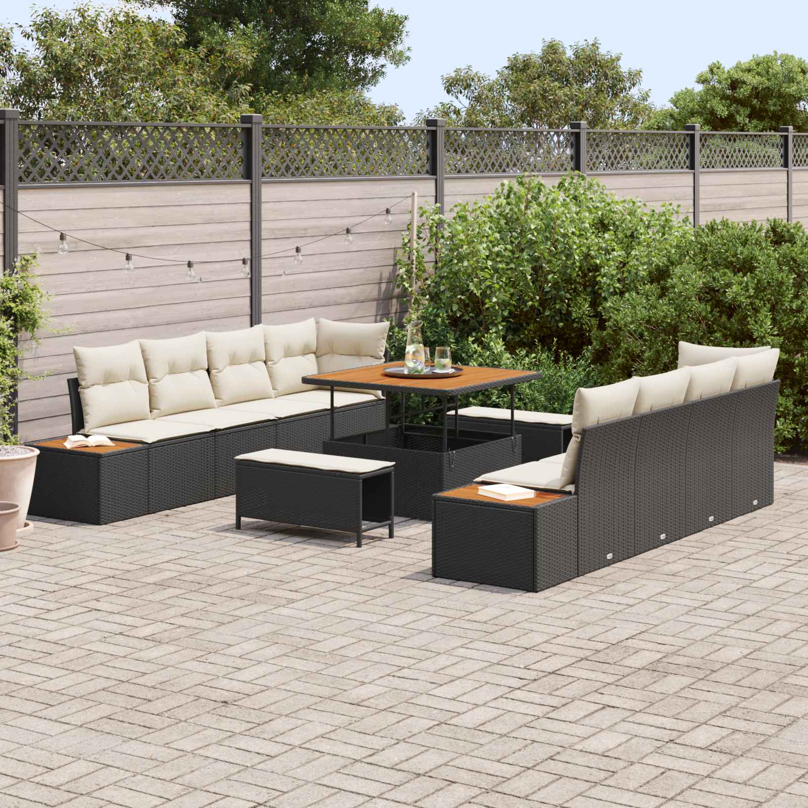 11-Piece Garden Sofa Set with Cushions Black Poly Rattan Acacia