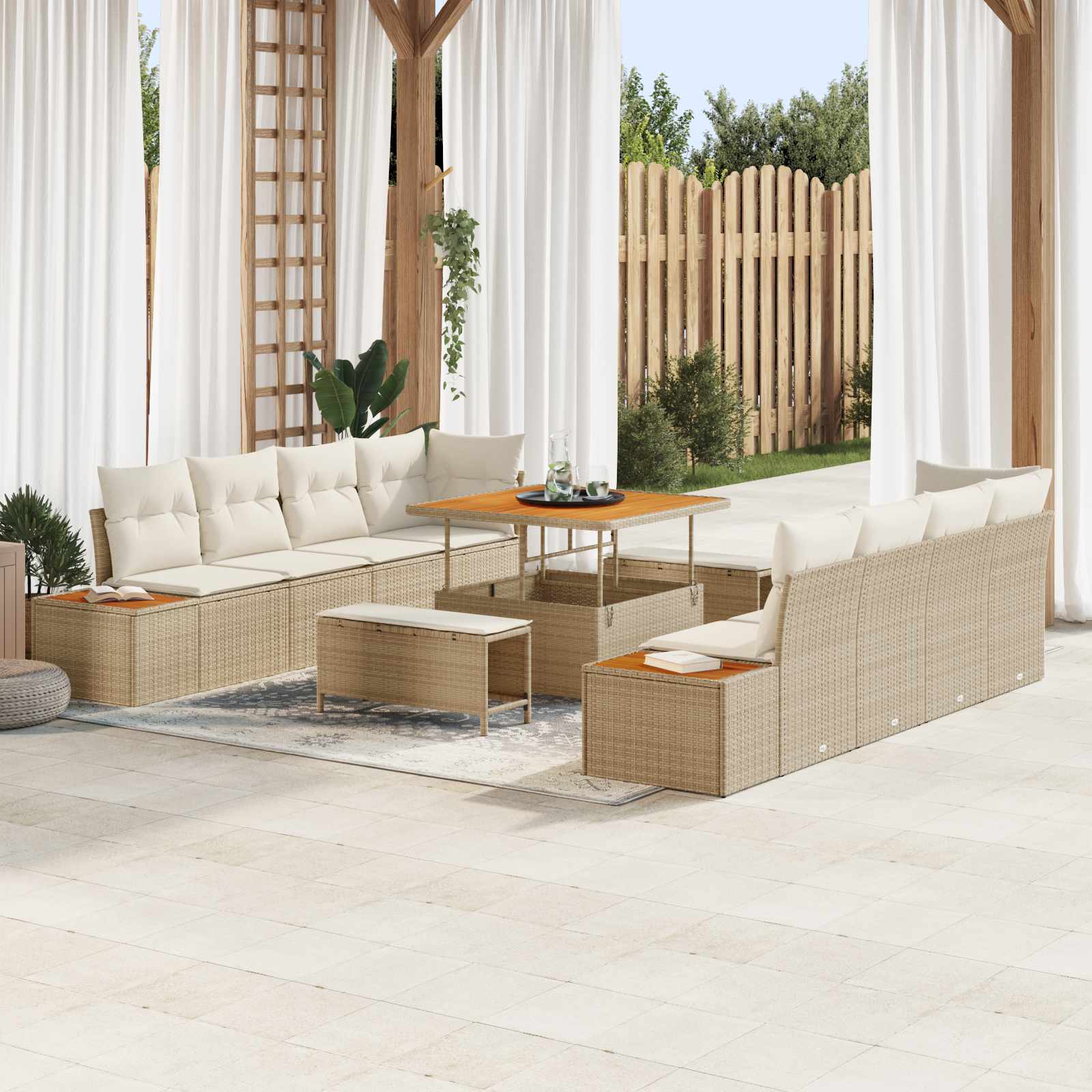 11 dalių sodo sofa komplektas su pagalvėlėmis smėlio poli ratanas akacijos