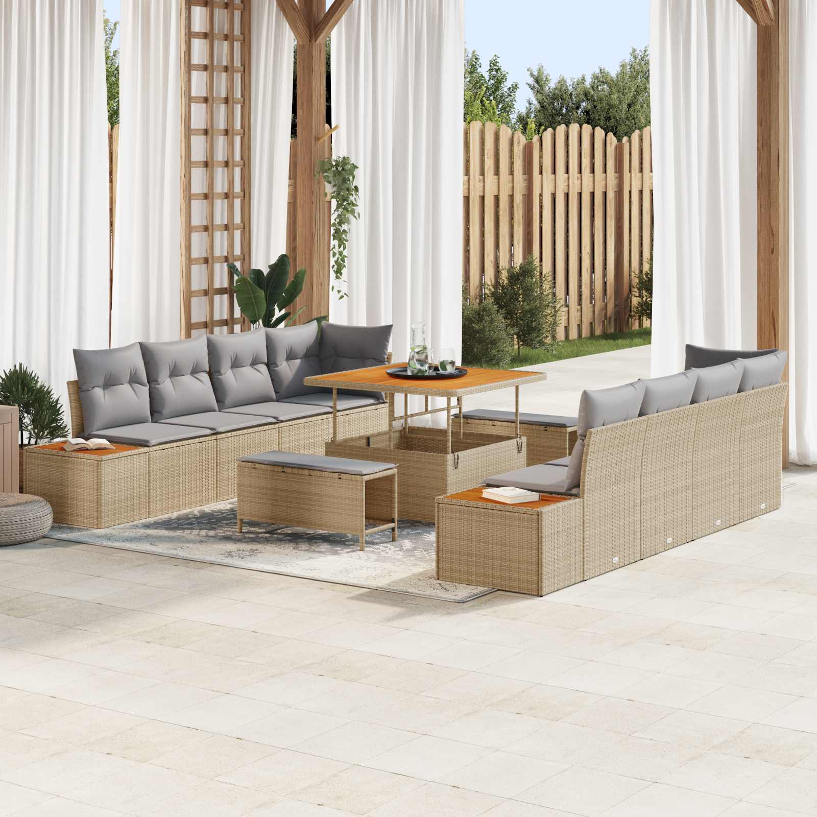 11-piece Garden Sofa Set with Cushions Beige Poly Rattan Acacia