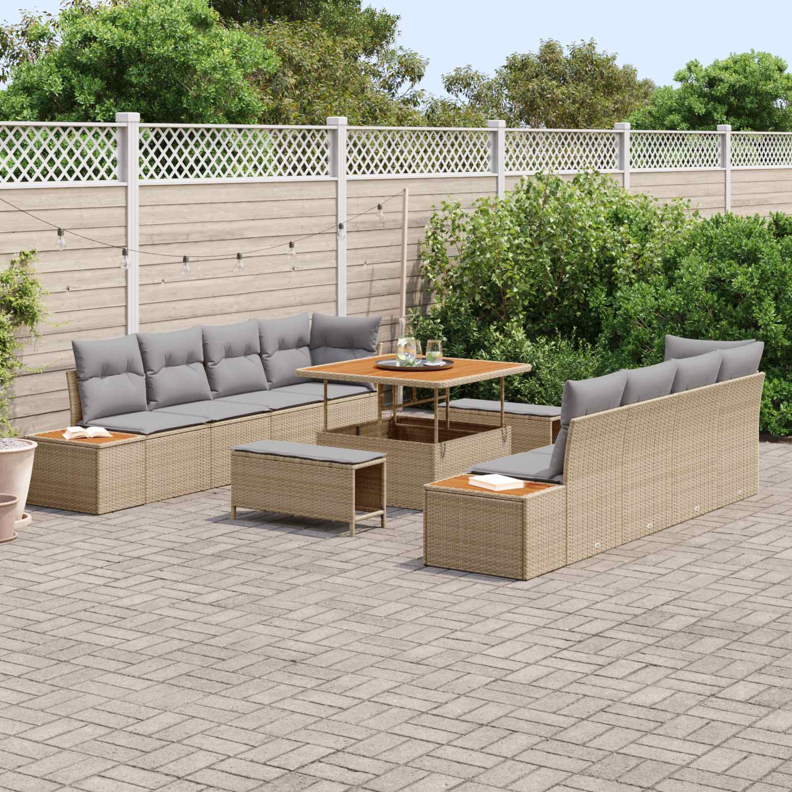 11-piece Garden Sofa Set with Cushions Beige Poly Rattan Acacia