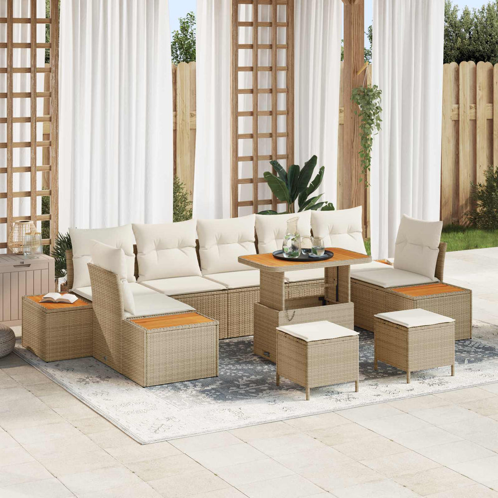 10-piece garden sofa set with cushions sand-coloured poly rattan acacia