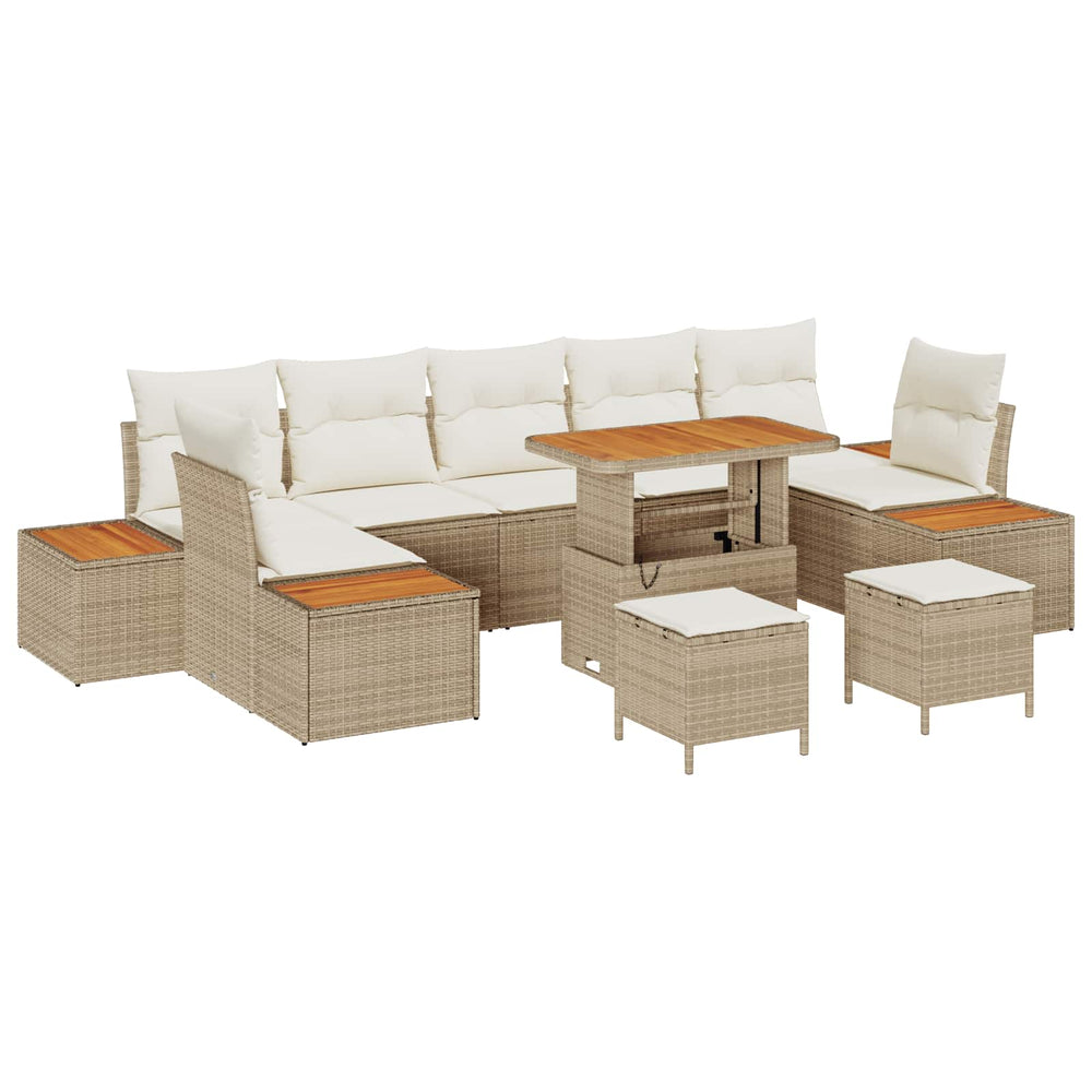 10-piece garden sofa set with cushions sand-coloured poly rattan acacia