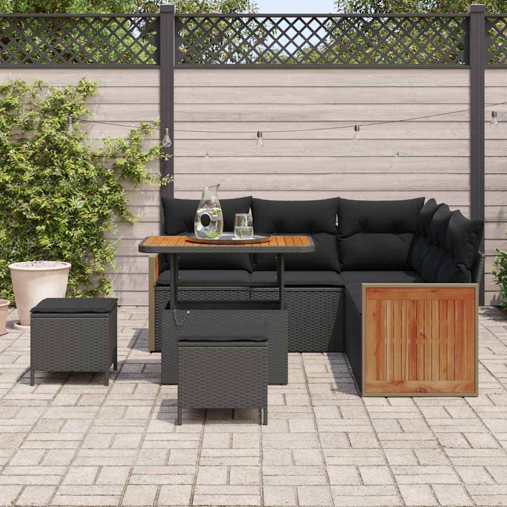 8 dalių sodo sofa su pagalvėmis Juoda Poli ratanas Akacija