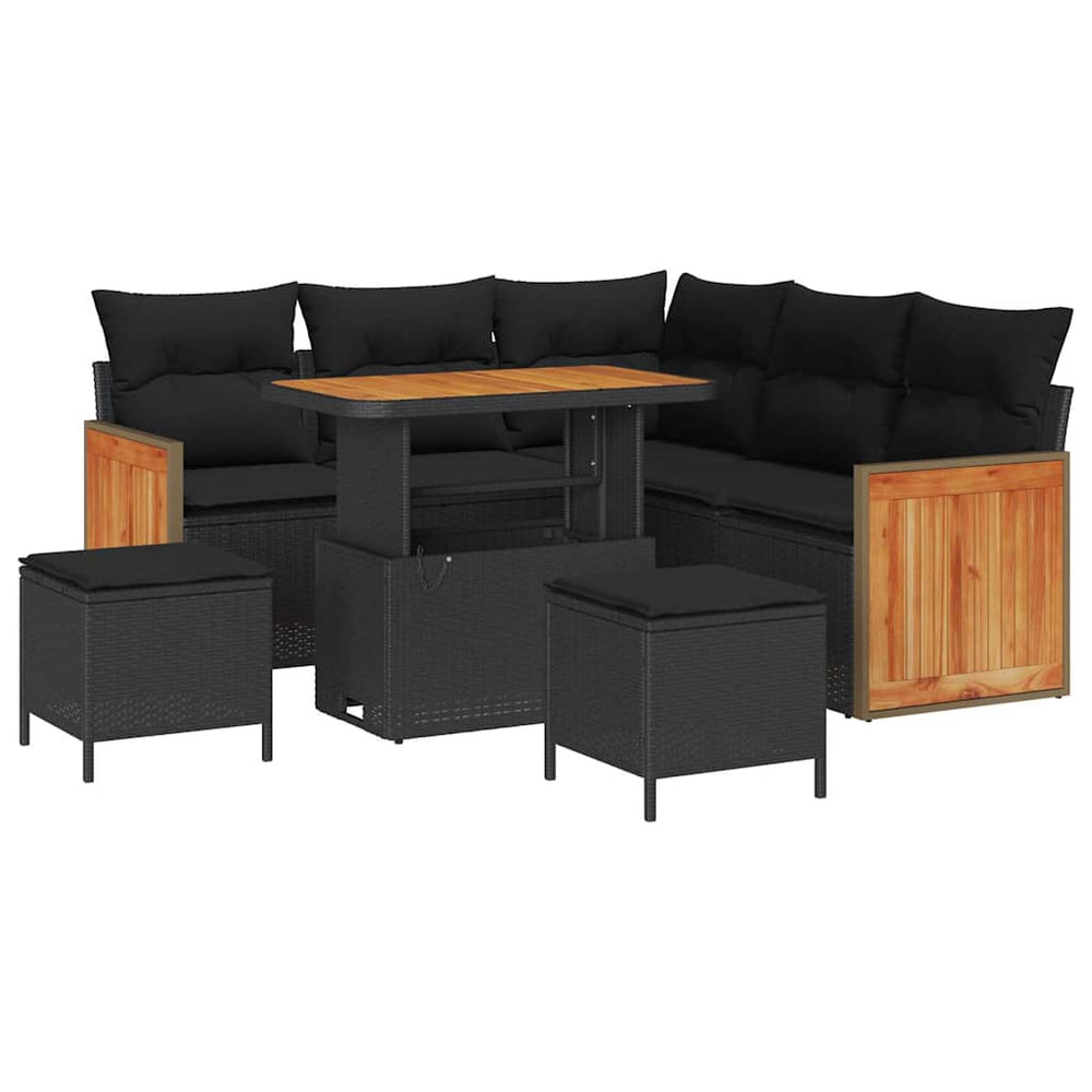 8 dalių sodo sofa su pagalvėmis Juoda Poli ratanas Akacija