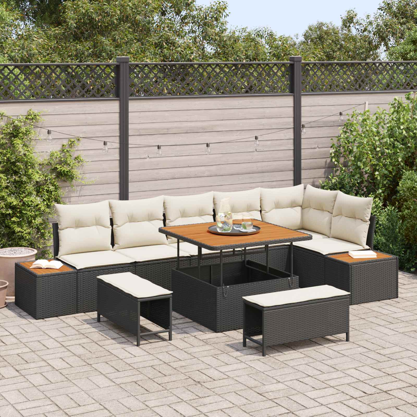 9-Piece Garden Sofa Set with Cushions Black Poly Rattan Acacia