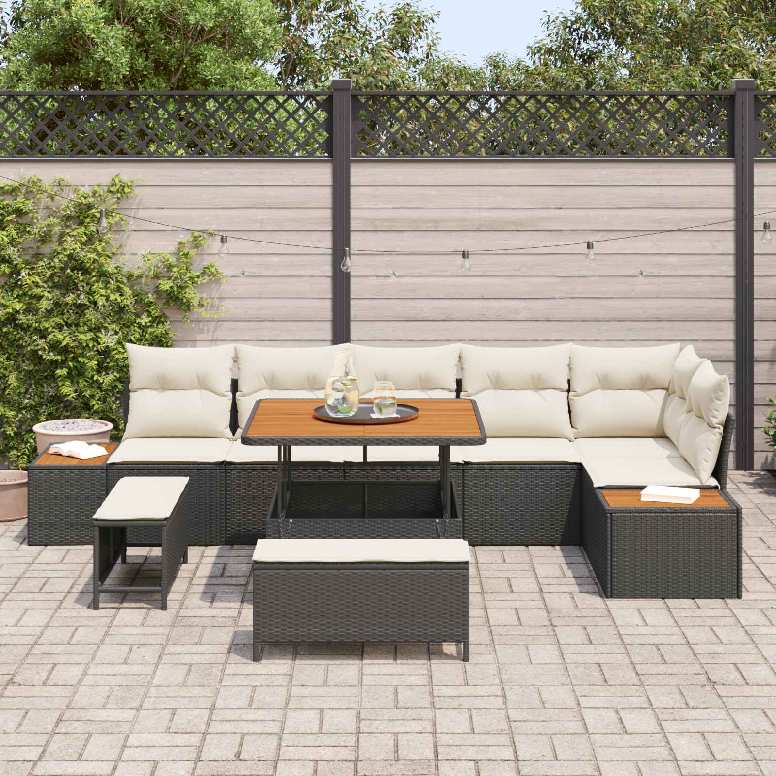9-Piece Garden Sofa Set with Cushions Black Poly Rattan Acacia