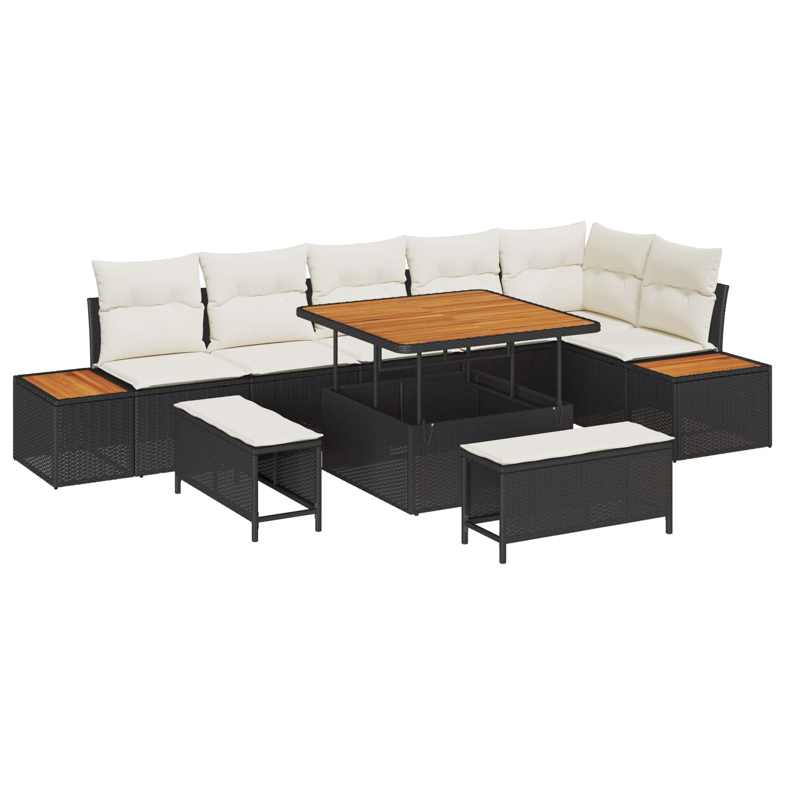 9-Piece Garden Sofa Set with Cushions Black Poly Rattan Acacia