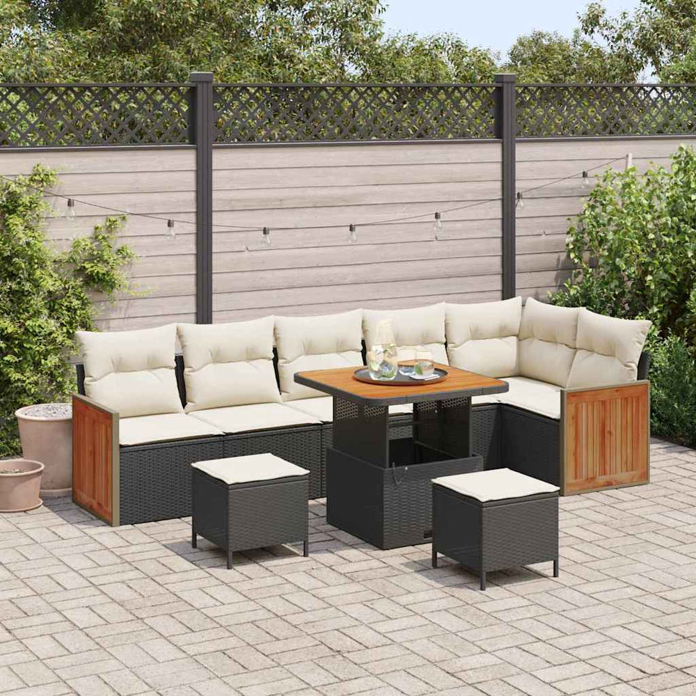 9 dalių sodo sofa komplektas su pagalvėlėmis Juoda Poli Ratanas Akacijos
