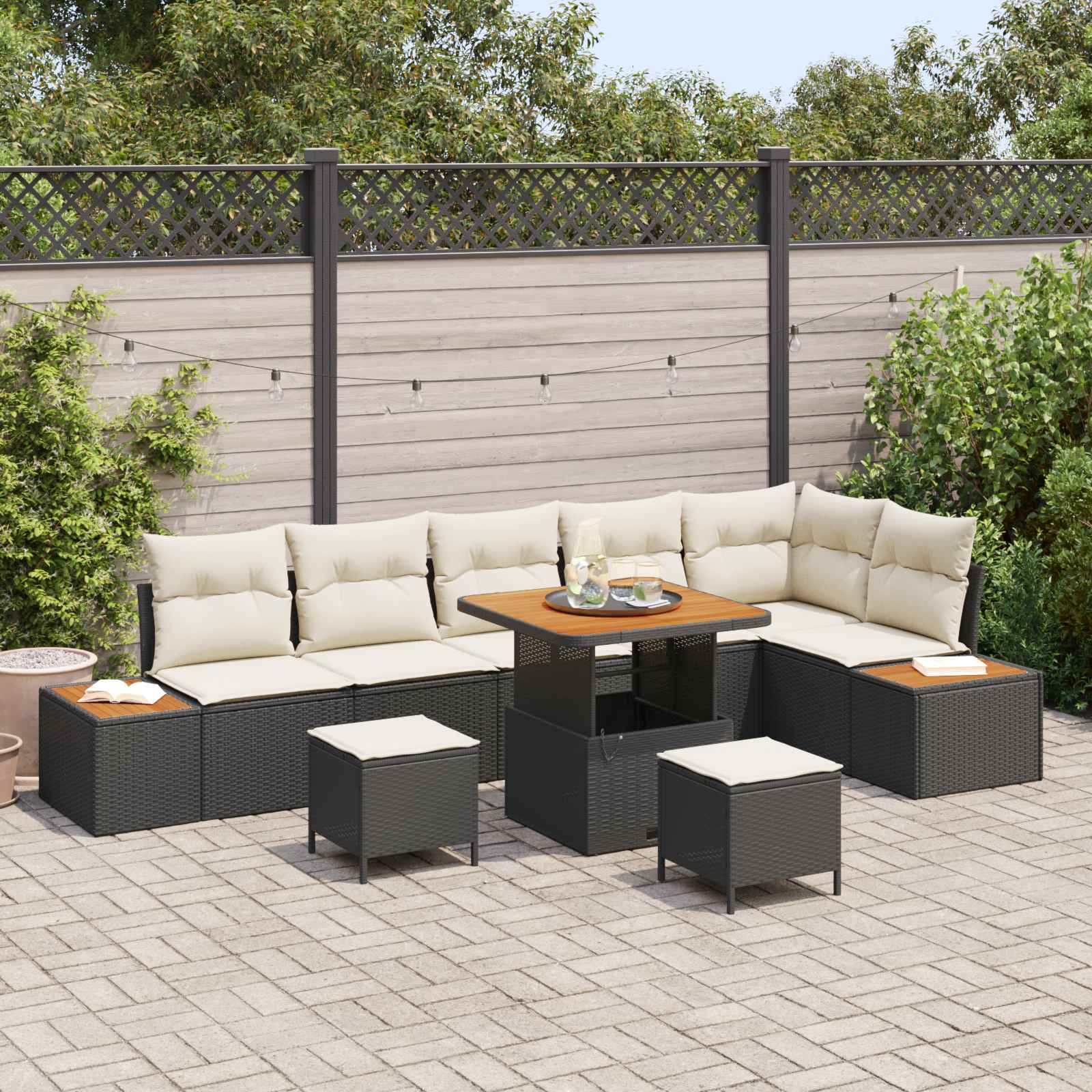 9-piece Garden Sofa Set with Cushions Black Poly Rattan Acacia