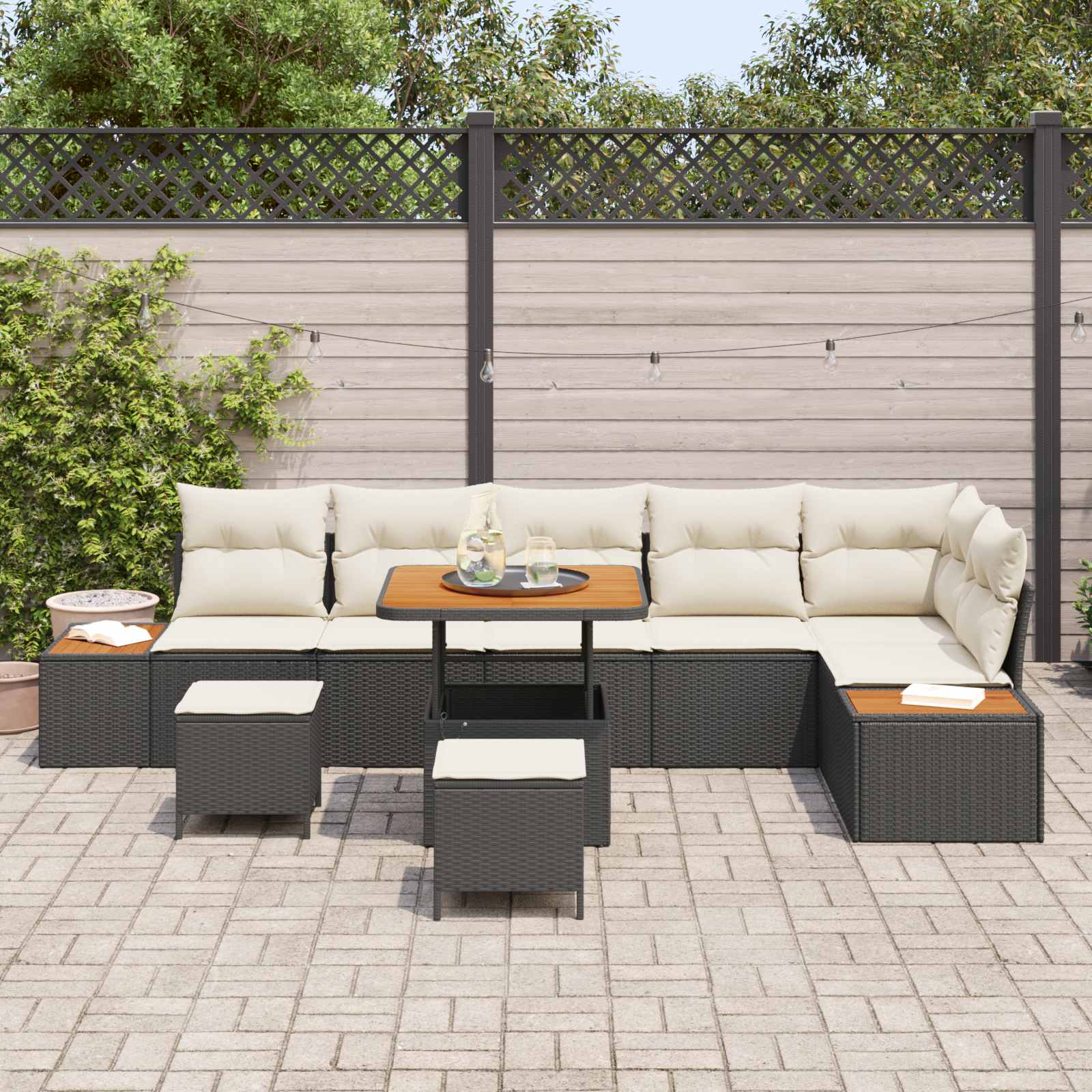 9-piece Garden Sofa Set with Cushions Black Poly Rattan Acacia