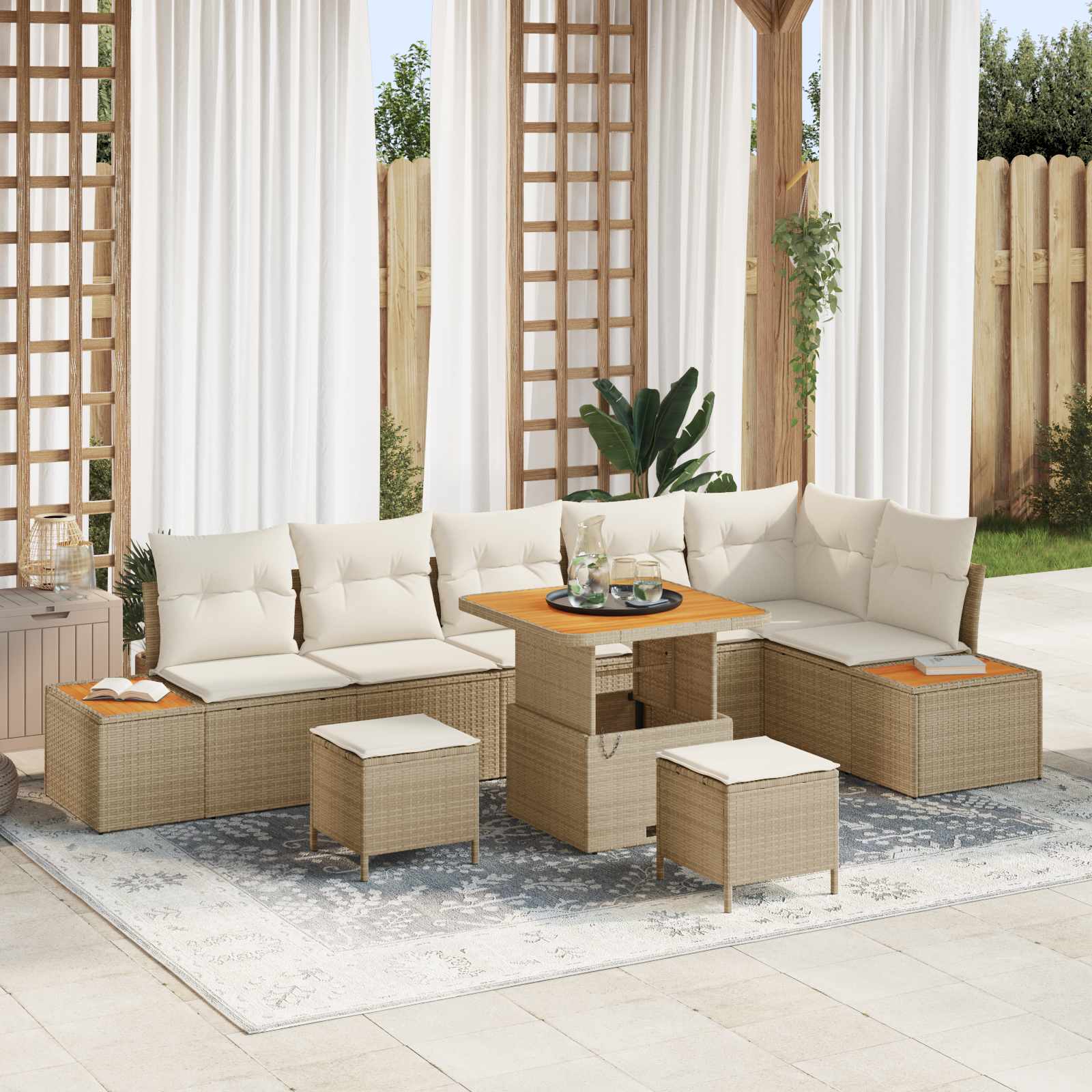 Sodo Sofų Rinkinys su pagalve 9 pcs Bežinė ir kreminė