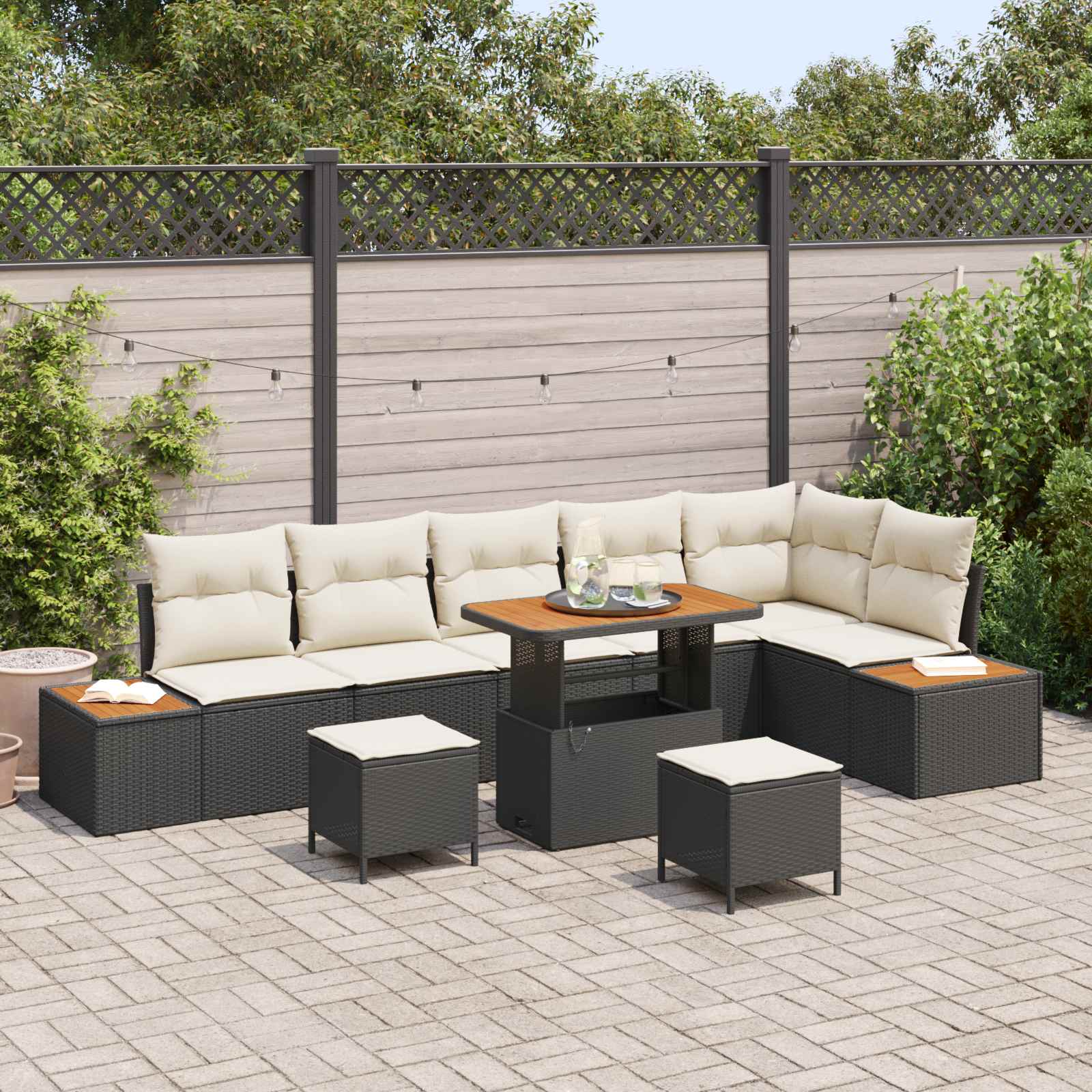 9-Piece Garden Sofa Set with Cushions Black Poly Rattan Acacia