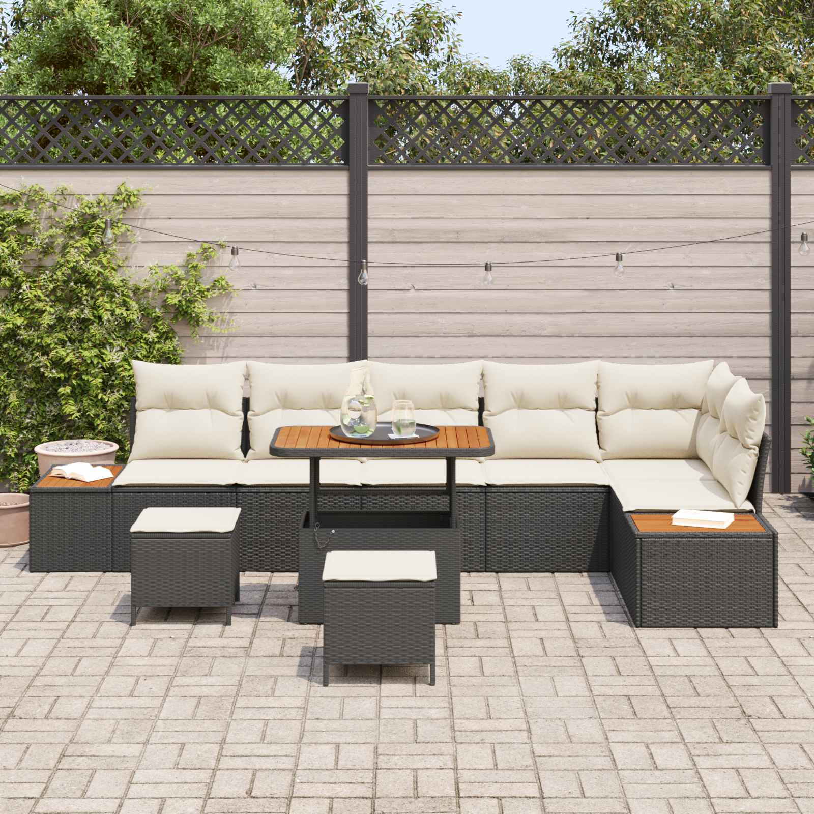 9-Piece Garden Sofa Set with Cushions Black Poly Rattan Acacia