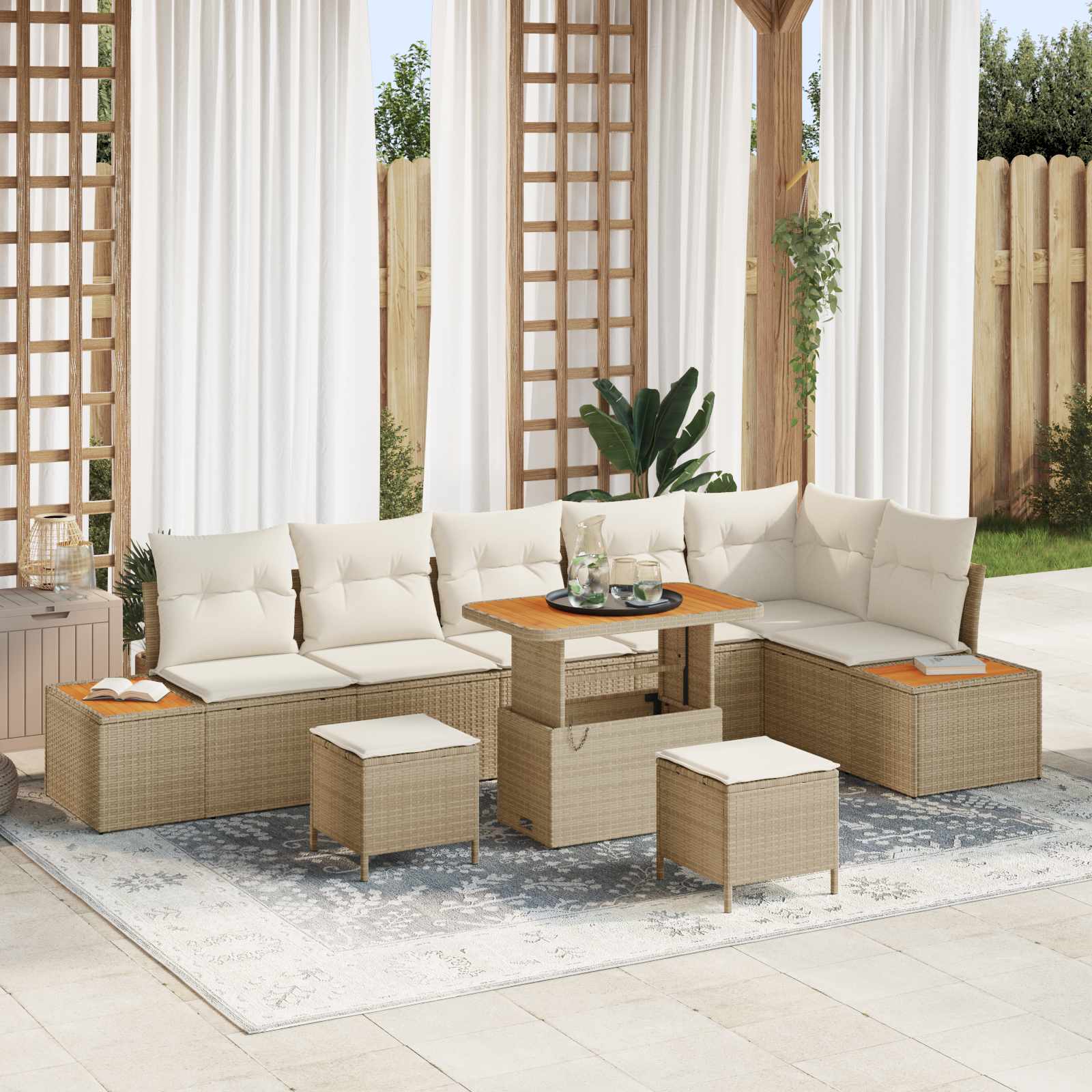 9-Piece Outdoor Sofa Set with Cushions Beige Poly Rattan Acacia