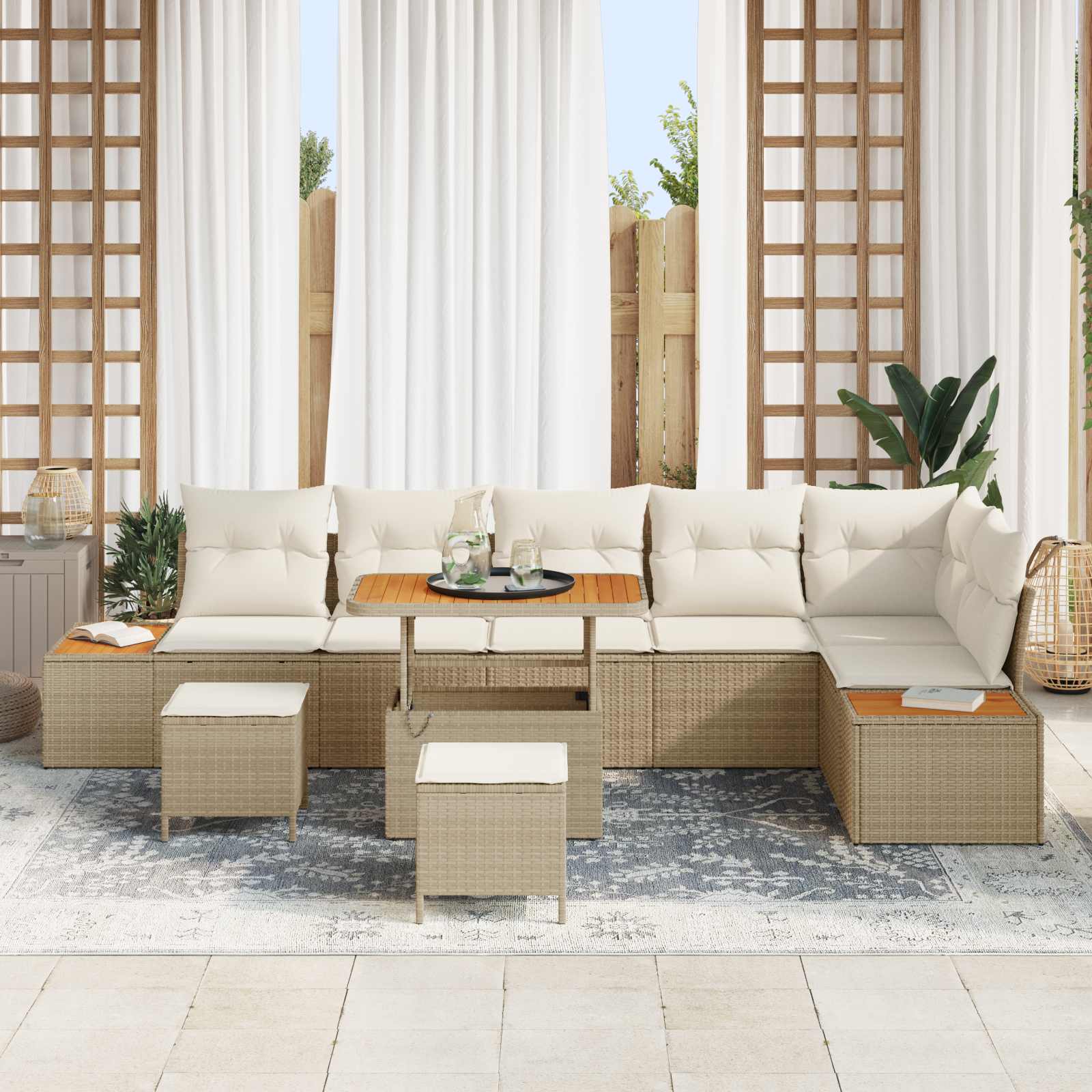 9-Piece Outdoor Sofa Set with Cushions Beige Poly Rattan Acacia