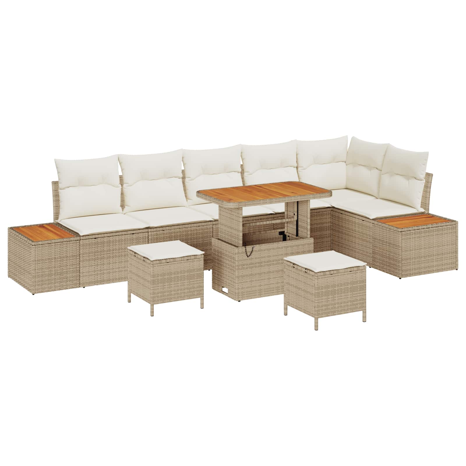 9-Piece Outdoor Sofa Set with Cushions Beige Poly Rattan Acacia