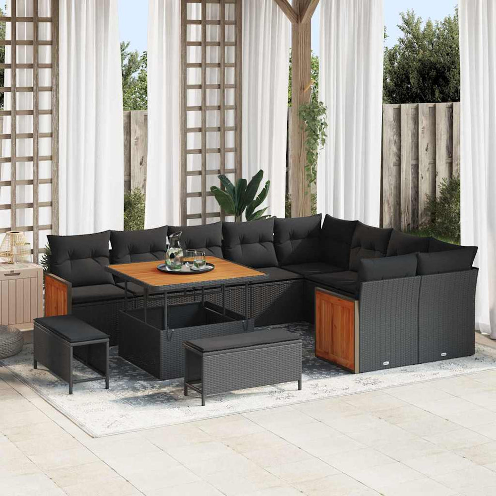 12 dalių sodo sofa komplektas su pagalvėlėmis Juoda poli ratanas akacija